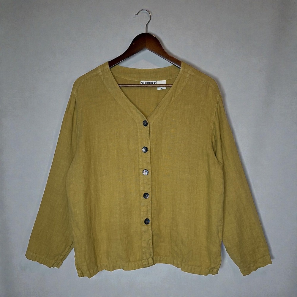 Sunbelt Vintage 100% Linen Shirt Jacket Mustard Taupe Lagenlook Minimalist sz M
